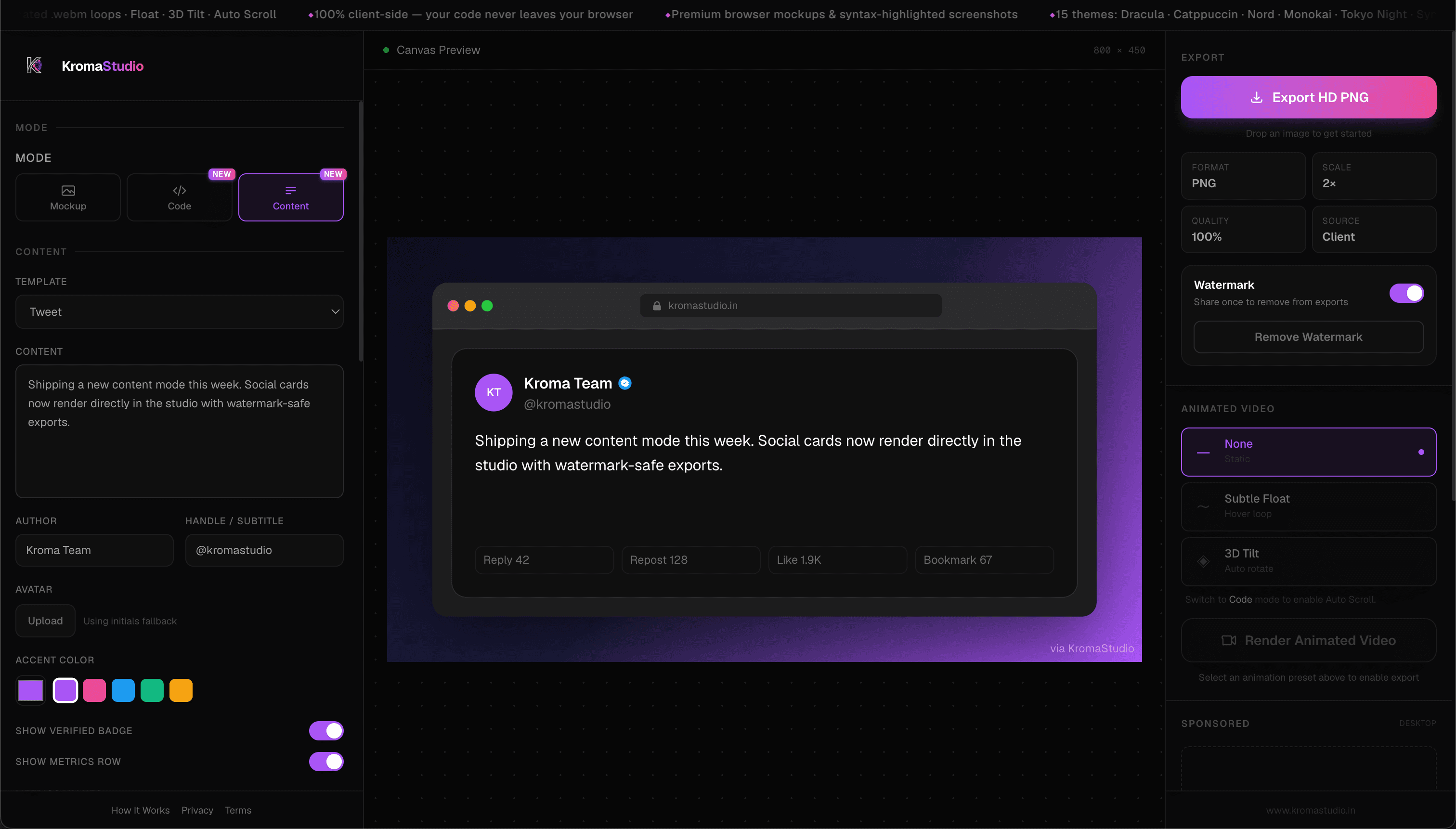 KromaStudio code screenshot editor with syntax themes and gradient background