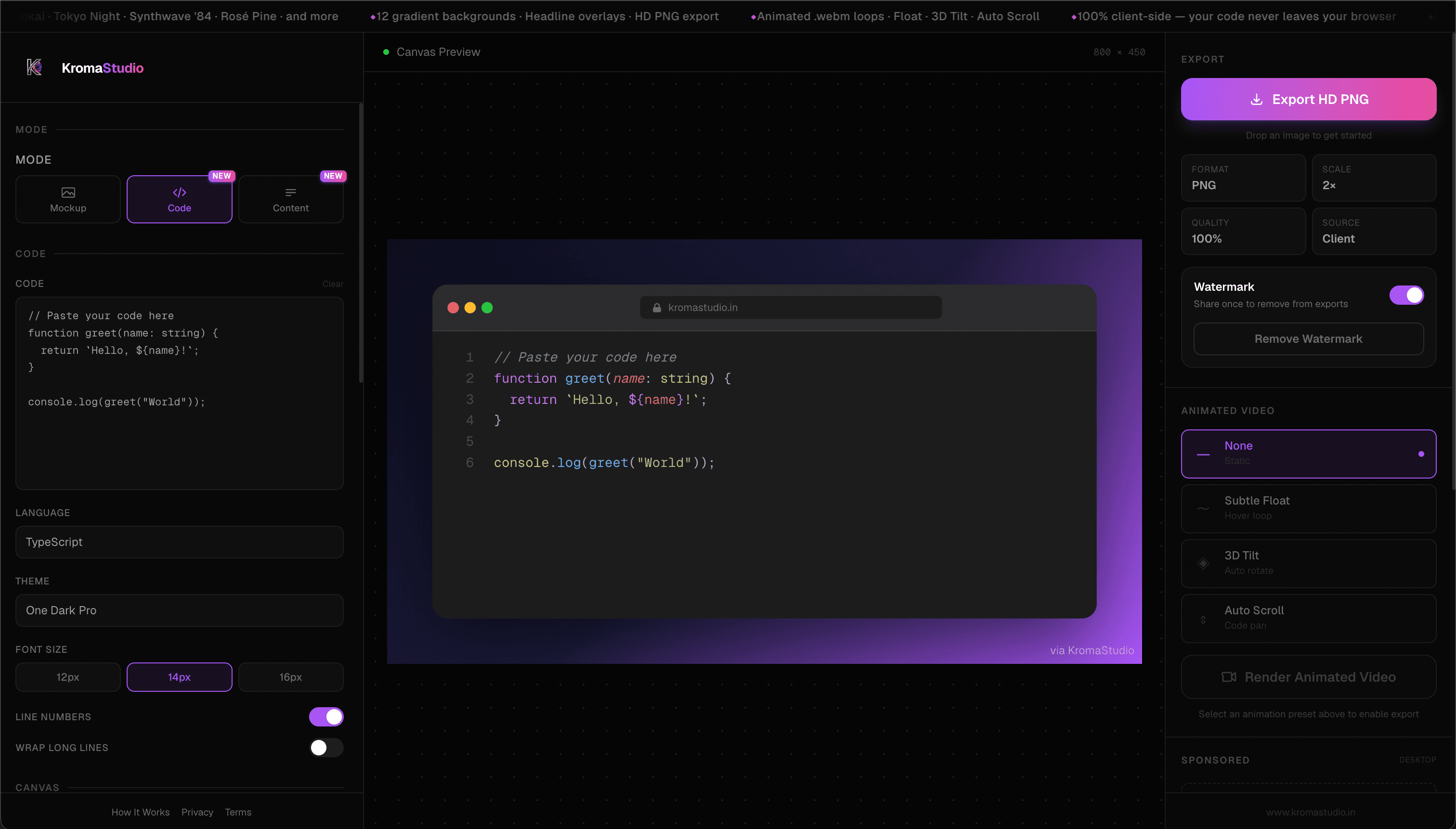 KromaStudio browser mockup with macOS frame and gradient background
